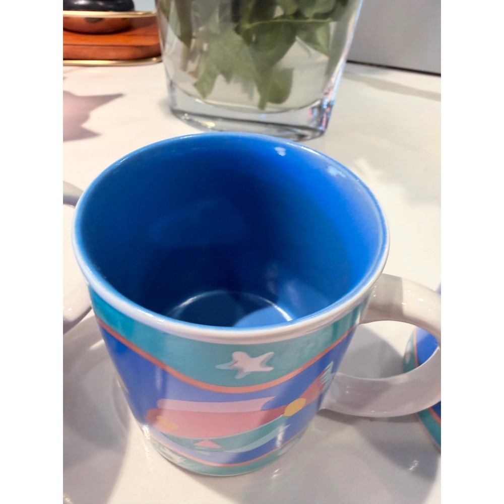 Vintage K.I.C. Tropical Fish Coffee Mugs Set of 4 Blue Ceramic Nautical Ocean - Picture 7 of 8